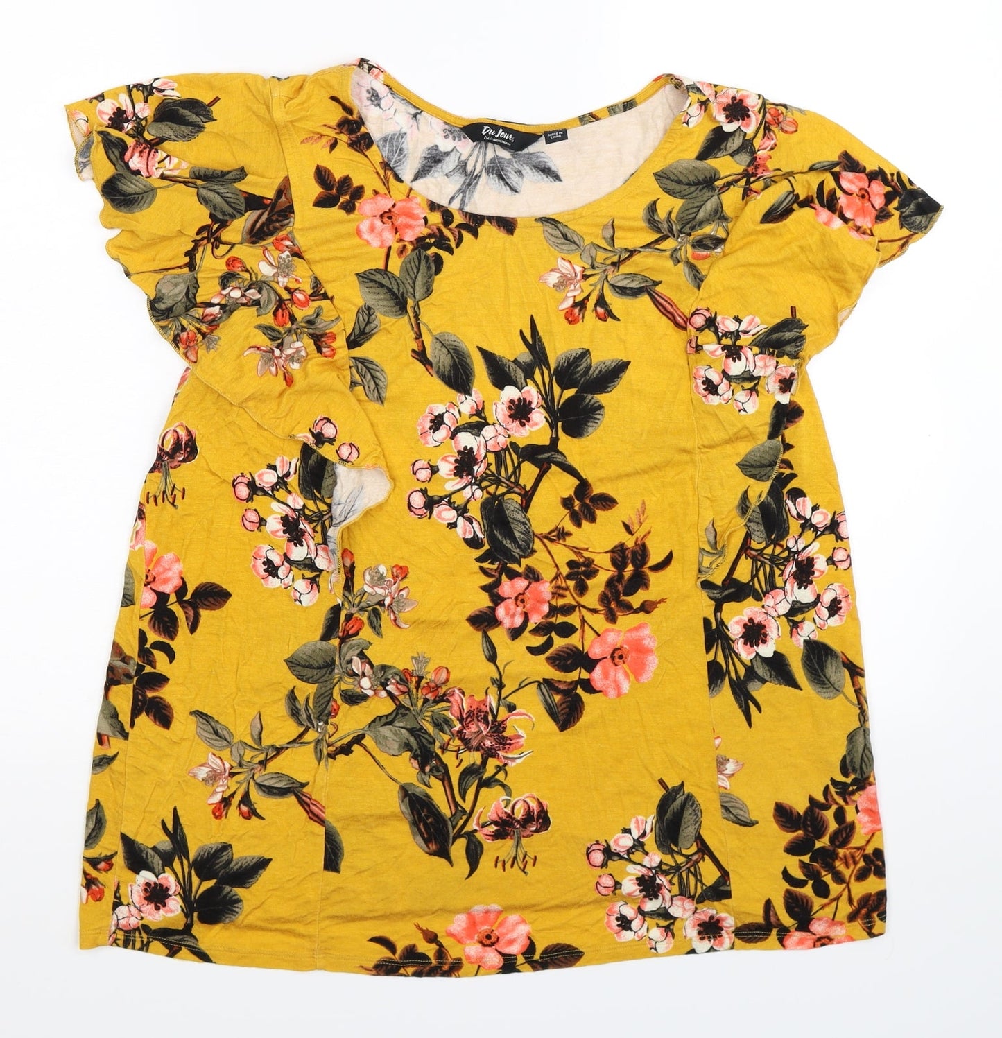 Belle Du Jour Womens Yellow Floral  Basic T-Shirt Size XL