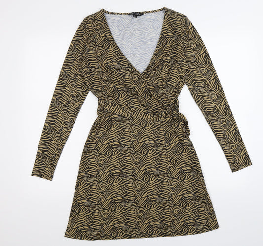 Miss Selfridge Womens Brown Animal Print  Wrap Dress  Size 6  - zebra print