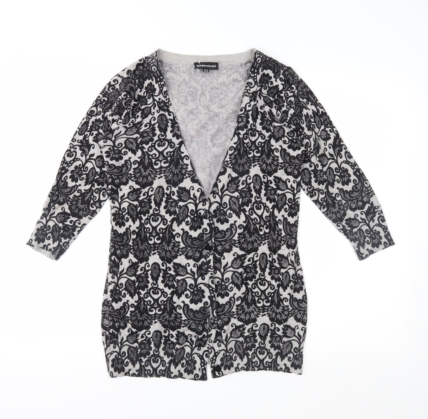 Warehouse Womens Grey Floral Knit Cardigan Jumper Size 10
