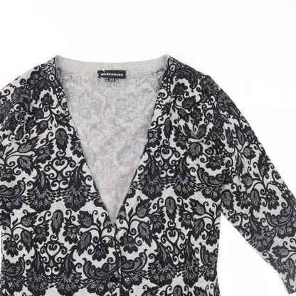 Warehouse Womens Grey Floral Knit Cardigan Jumper Size 10