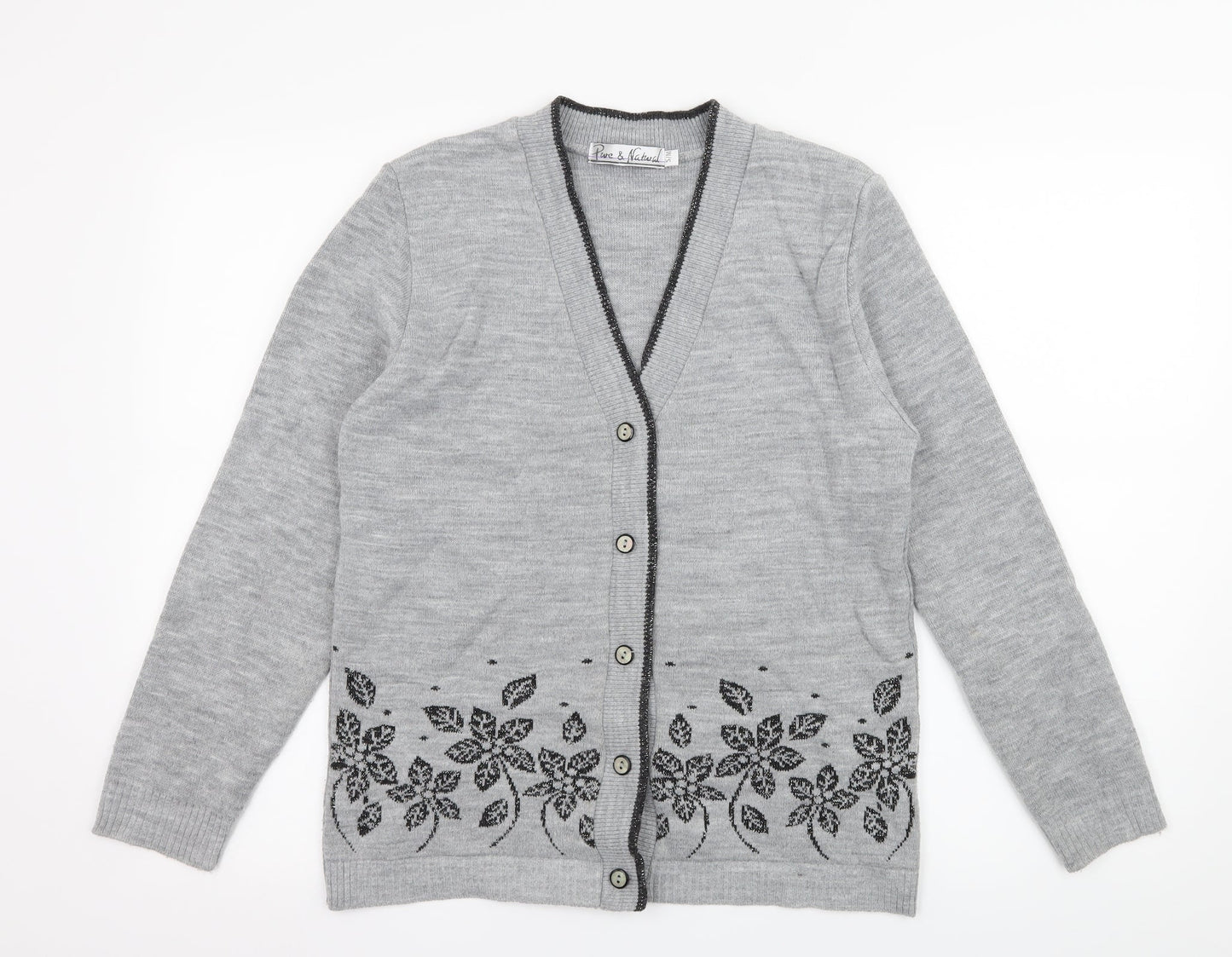 Pure & Natural Womens Grey Floral Knit Cardigan Jumper Size S