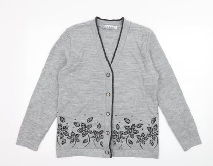 Pure & Natural Womens Grey Floral Knit Cardigan Jumper Size S