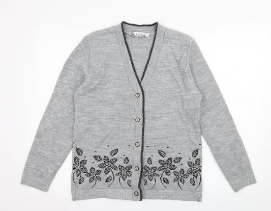Pure & Natural Womens Grey Floral Knit Cardigan Jumper Size S