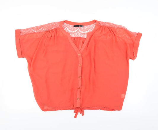 Primark Womens Orange   Basic Blouse Size 12  - tie hem detail, crochet shoulders