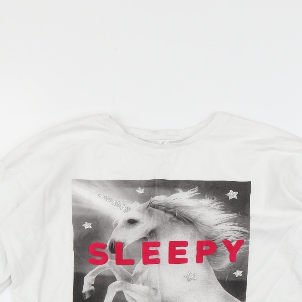 George Girls White   Basic T-Shirt Size 8-9 Years  - unicorn sleepy