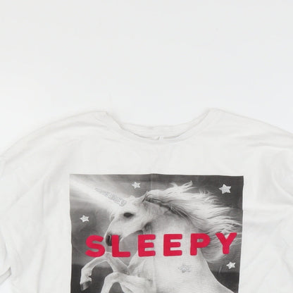 George Girls White   Basic T-Shirt Size 8-9 Years  - unicorn sleepy