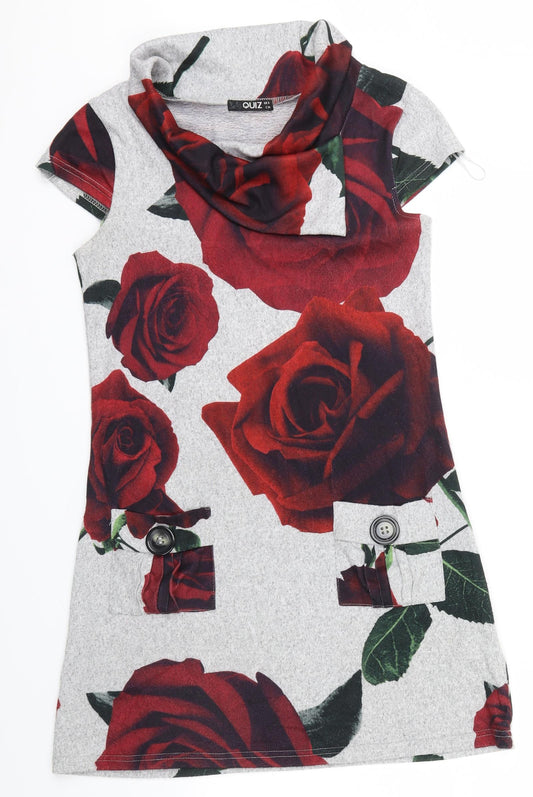 Quiz Womens Grey Floral  Pencil Dress  Size 8  - buttons on pockets front of dress