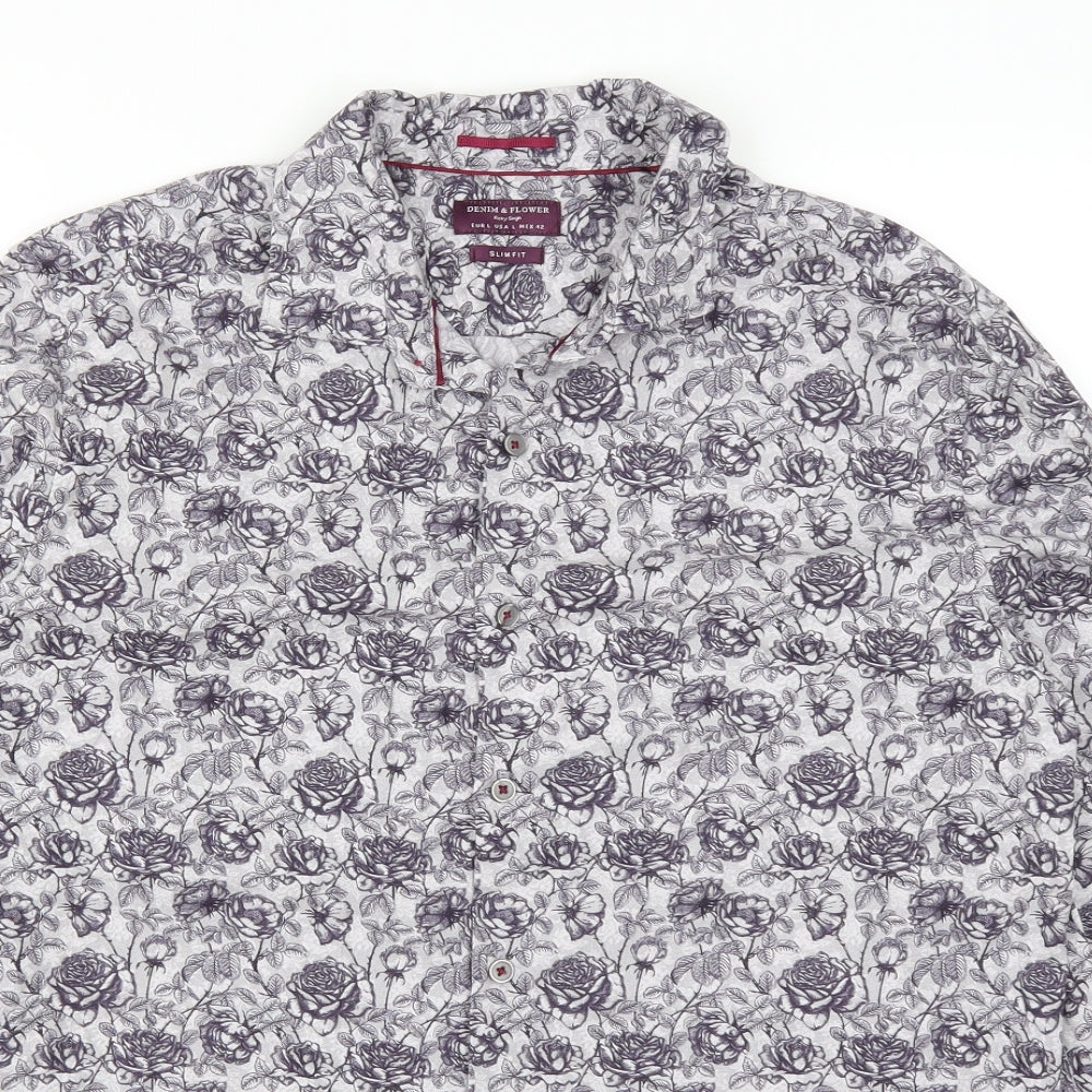 Mens UK Size L Denim & Flower Purple  Button-Up Long Sleeve Casual Shirt