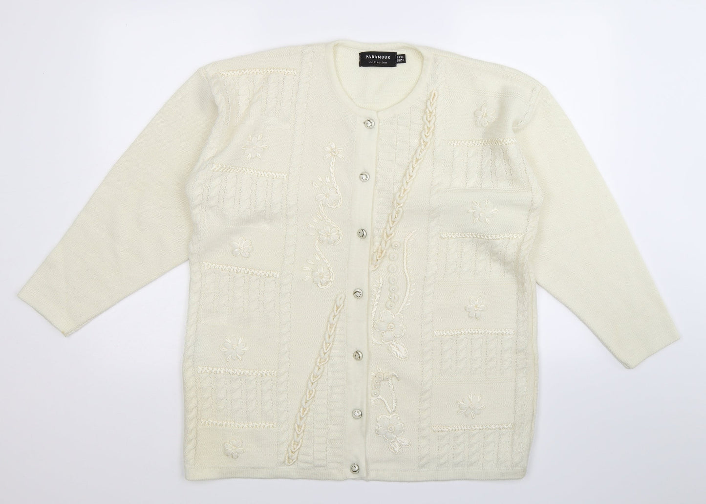 Paramour Womens White Floral Knit Cardigan Jumper One Size