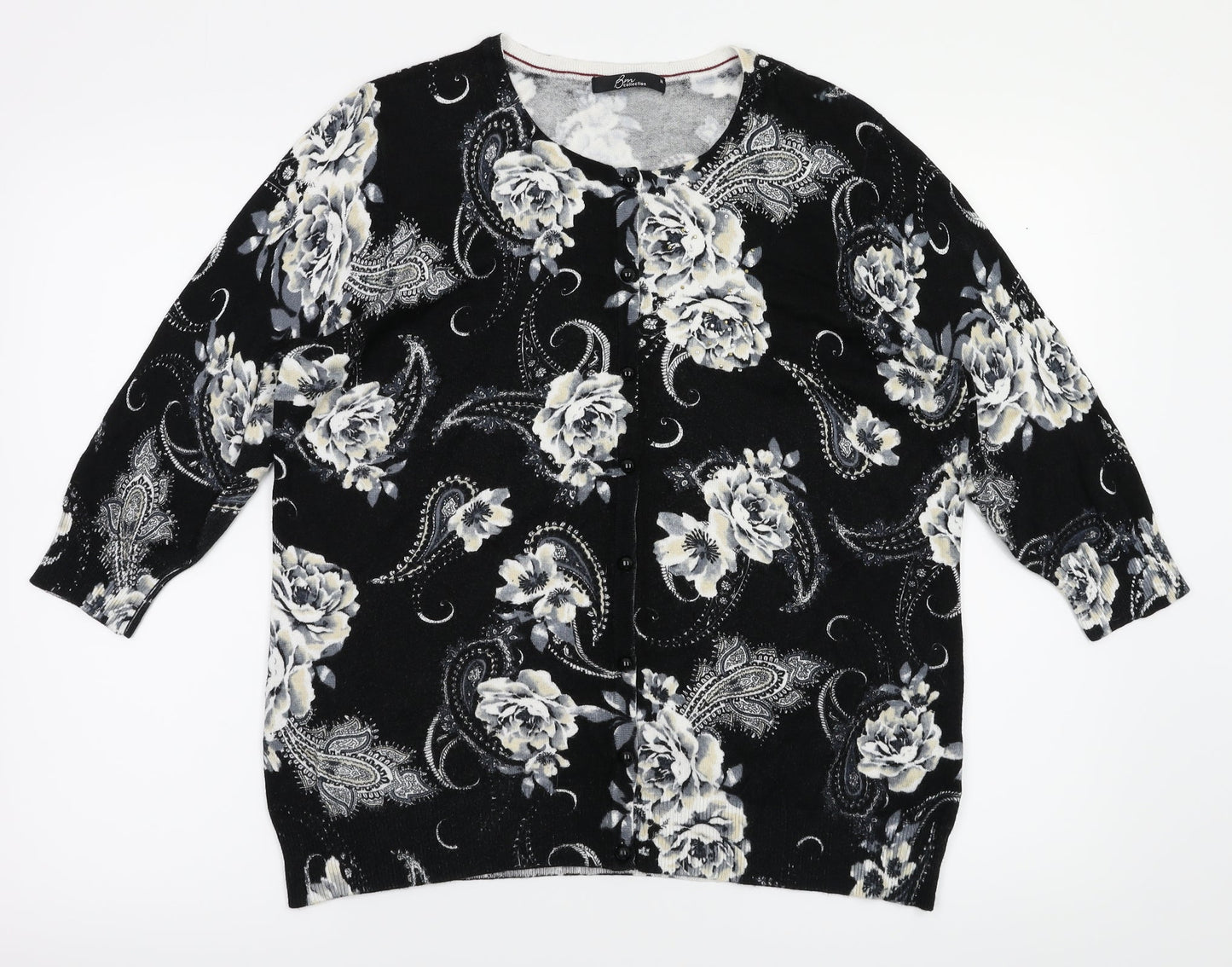 BM Womens Black Floral  Cardigan Jumper Size M