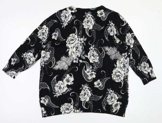 BM Womens Black Floral  Cardigan Jumper Size M