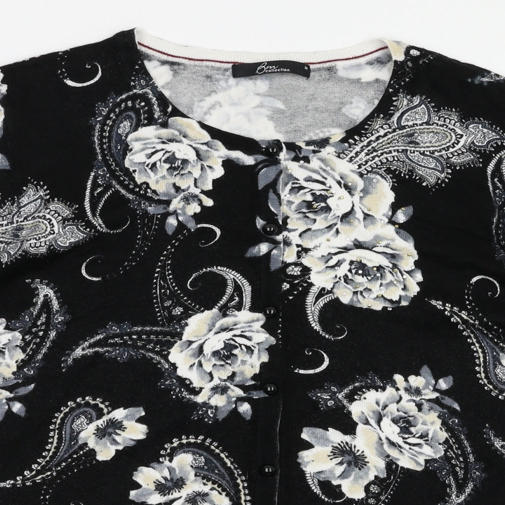 BM Womens Black Floral  Cardigan Jumper Size M
