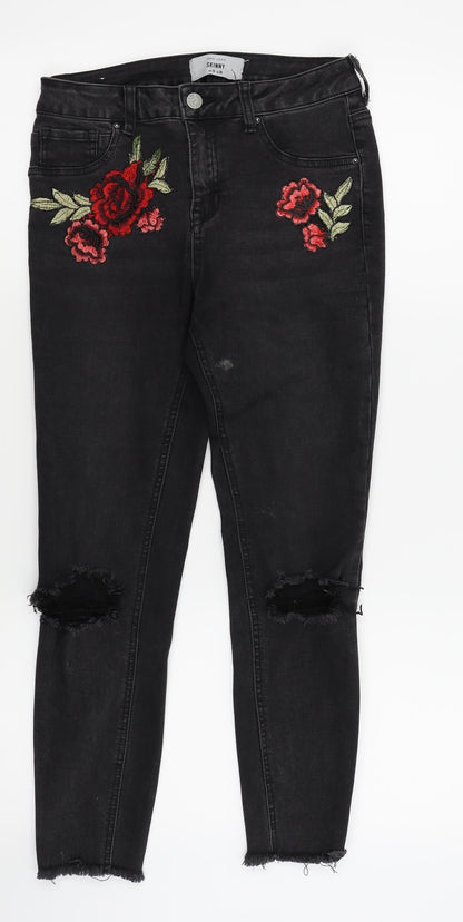 New Look Womens Black Floral  Skinny Jeans Size 10 L24 in