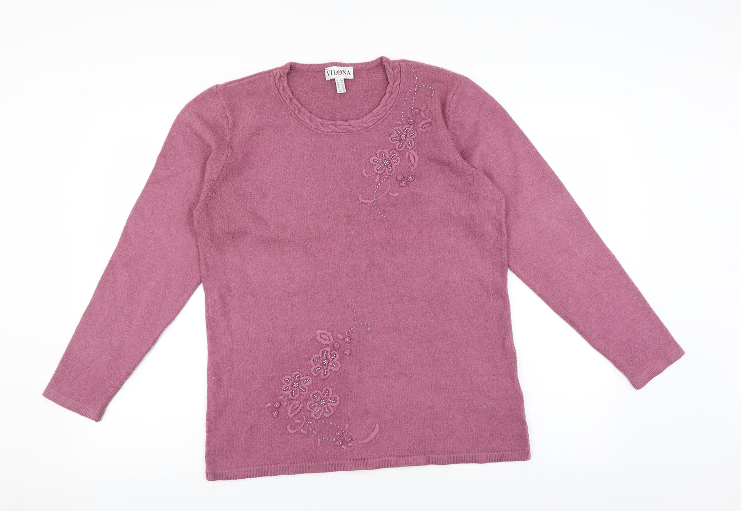 Vilona Womens Pink   Pullover Jumper Size 16  - Floral embroidery
