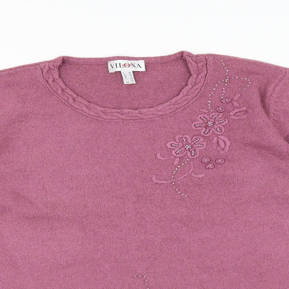 Vilona Womens Pink   Pullover Jumper Size 16  - Floral embroidery