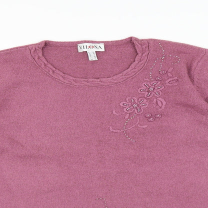 Vilona Womens Pink   Pullover Jumper Size 16  - Floral embroidery