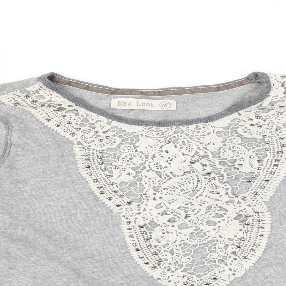 New Look Womens Grey   Pullover Sweatshirt Size 16  - crochet detail