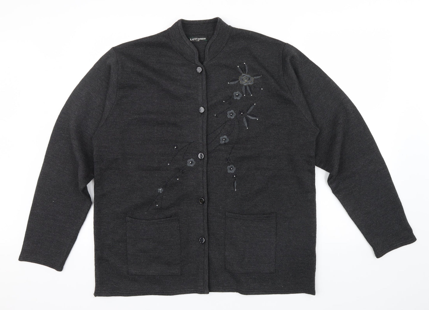 KAFTEY FASHION Womens Grey Floral  Cardigan Jumper Size L  - Embroidered flower an beading detail