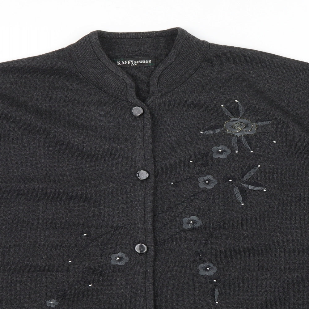 KAFTEY FASHION Womens Grey Floral  Cardigan Jumper Size L  - Embroidered flower an beading detail