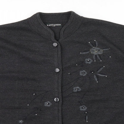 KAFTEY FASHION Womens Grey Floral  Cardigan Jumper Size L  - Embroidered flower an beading detail