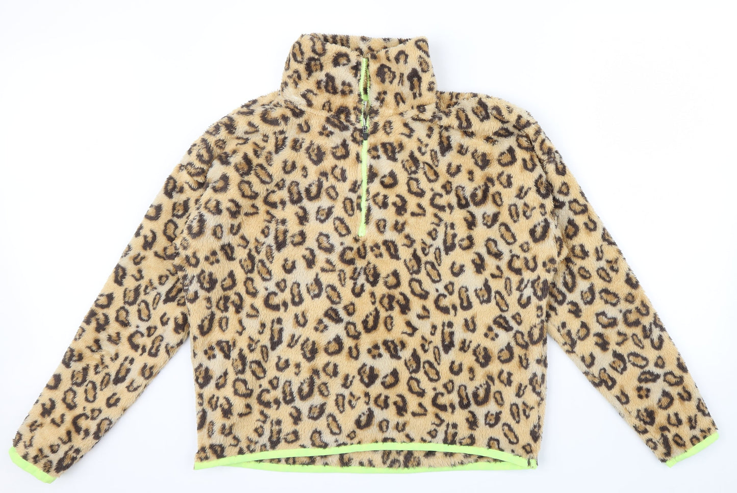 RBX Girls Brown Animal Print  Pullover Jumper Size L  - yellow edging sleeves an zip