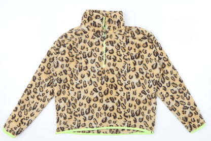 RBX Girls Brown Animal Print  Pullover Jumper Size L  - yellow edging sleeves an zip