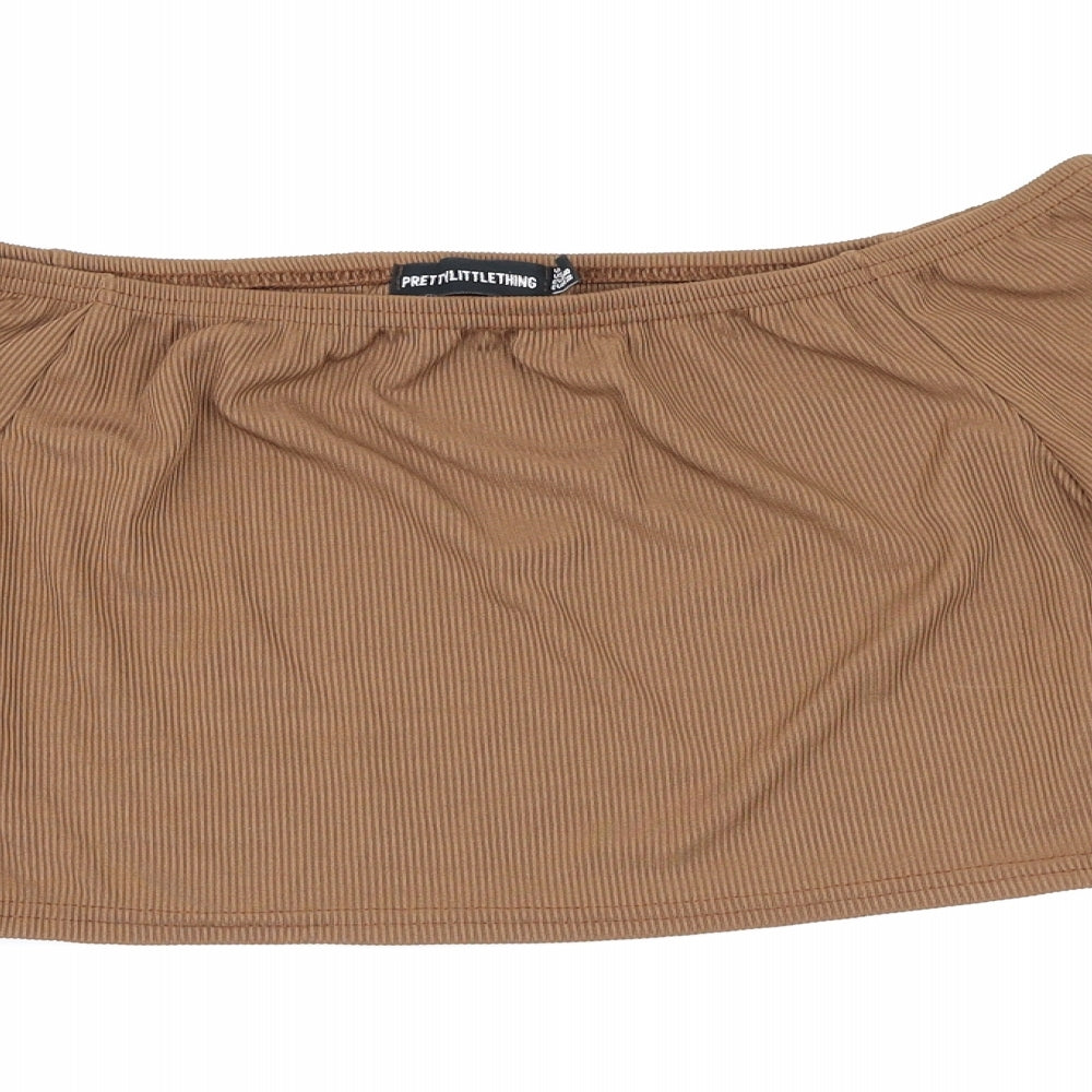 Womens UK Size 12 PRETTYLITTLETHING Brown Cropped Blouse