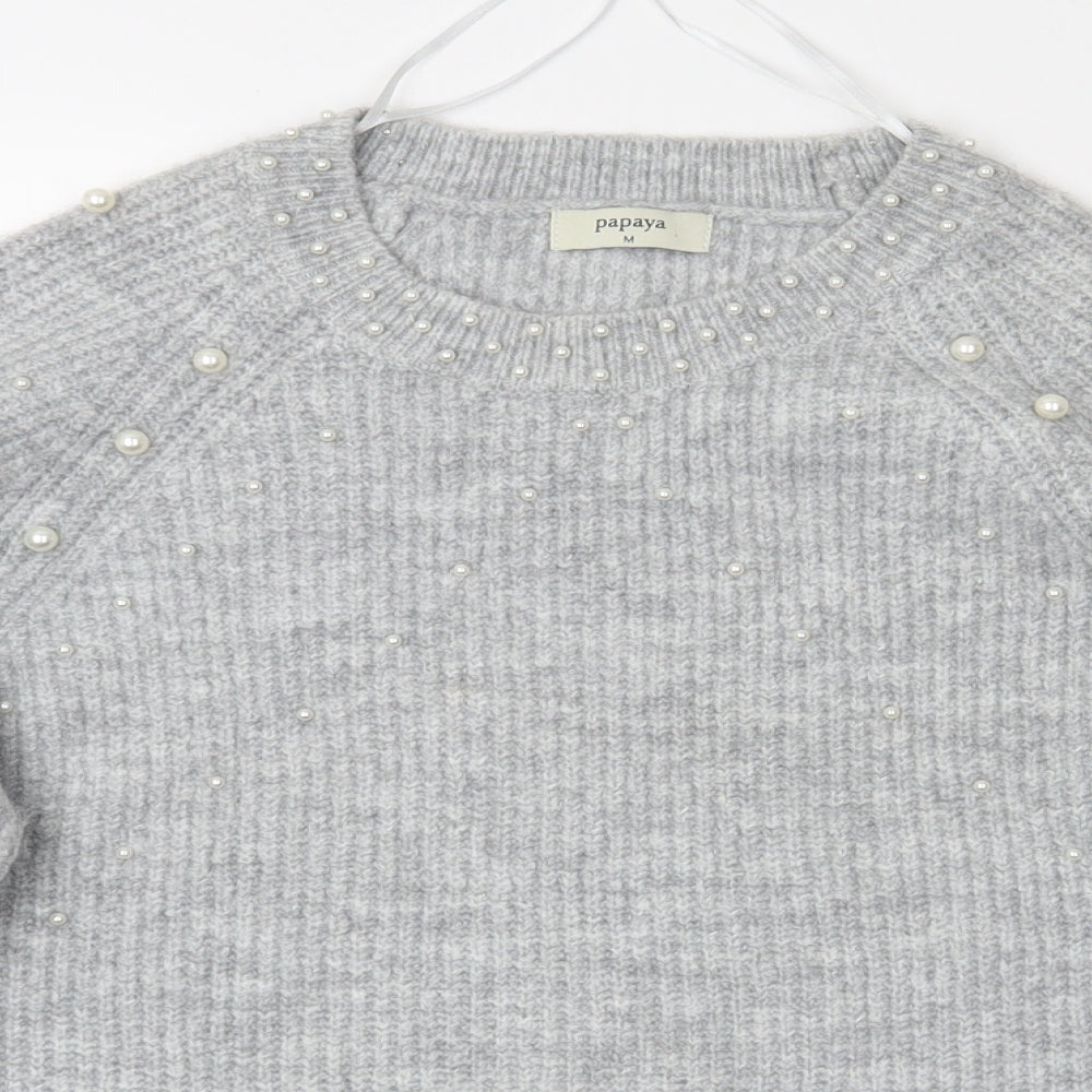 Papaya Womens Grey   Pullover Jumper Size M  - Fake Pearls