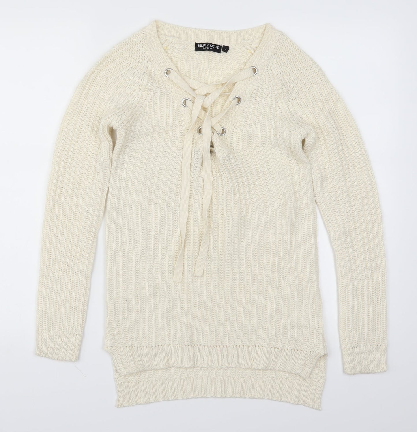 Brave Soul Womens Beige   Pullover Jumper Size 8  - Cream Lace Up