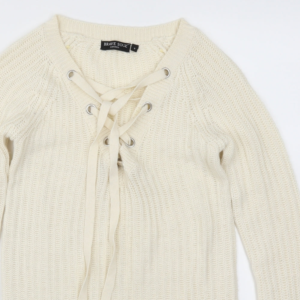 Brave Soul Womens Beige   Pullover Jumper Size 8  - Cream Lace Up