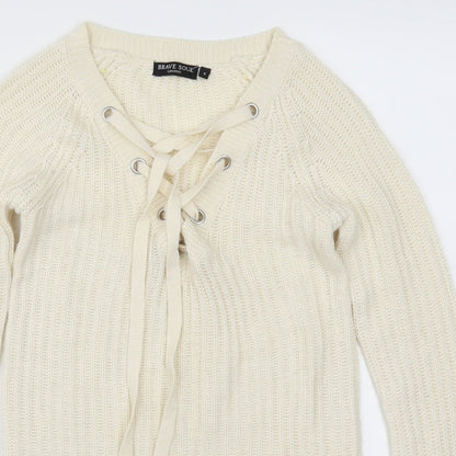 Brave Soul Womens Beige   Pullover Jumper Size 8  - Cream Lace Up
