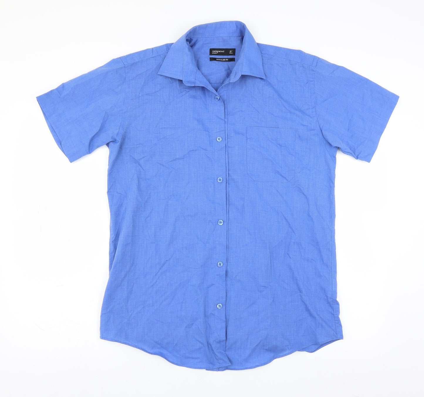 Mens UK Size 15 Cedar Wood State Blue  Button-Up Short Sleeve Casual Shirt