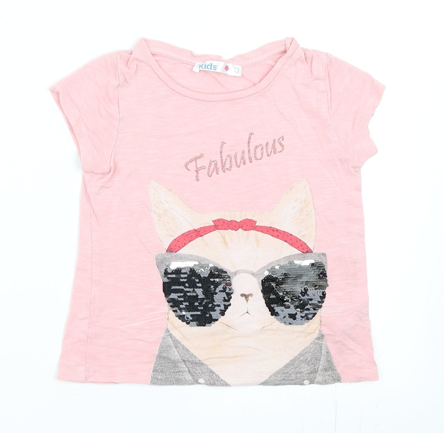 M&Co Girls Pink   Basic T-Shirt Size 5-6 Years  - Cat