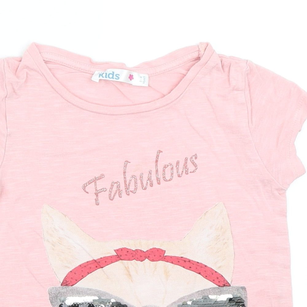 M&Co Girls Pink   Basic T-Shirt Size 5-6 Years  - Cat