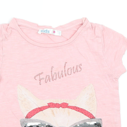 M&Co Girls Pink   Basic T-Shirt Size 5-6 Years  - Cat