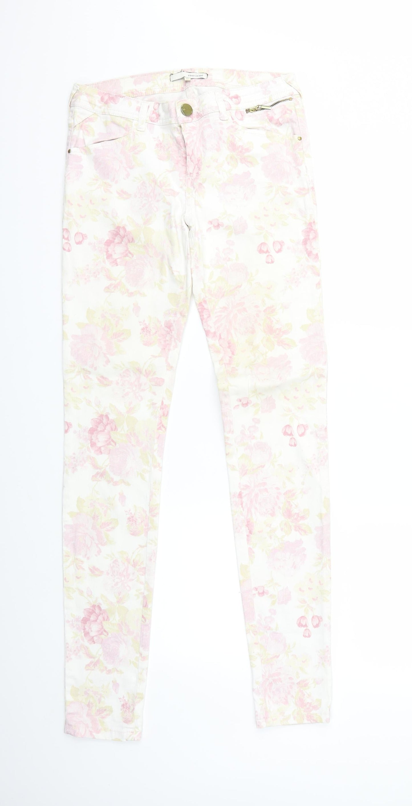 River Island Womens White Floral Denim Skinny Jeans Size 10 L31 in