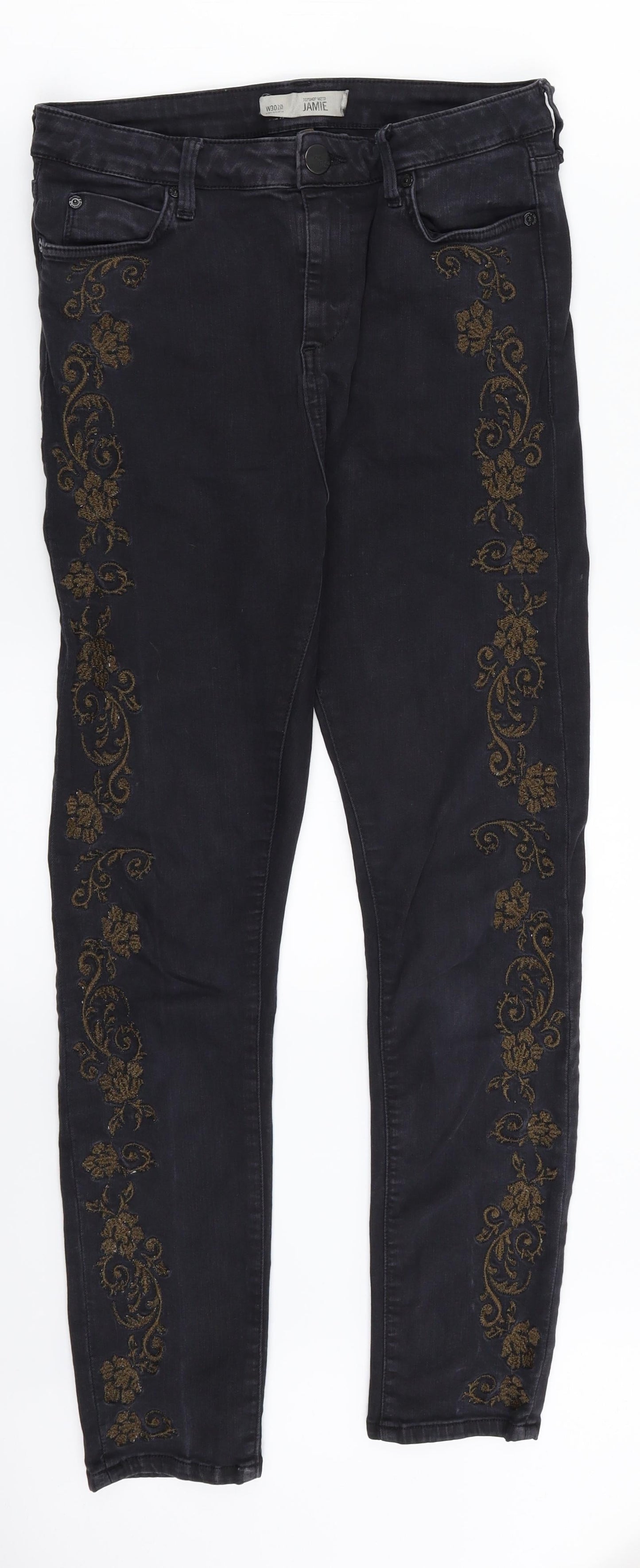 Topshop Womens Black Floral Denim Straight Jeans Size 30 in L32 in