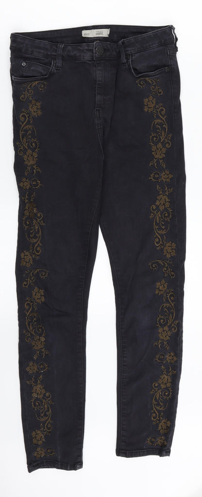 Topshop Womens Black Floral Denim Straight Jeans Size 30 in L32 in