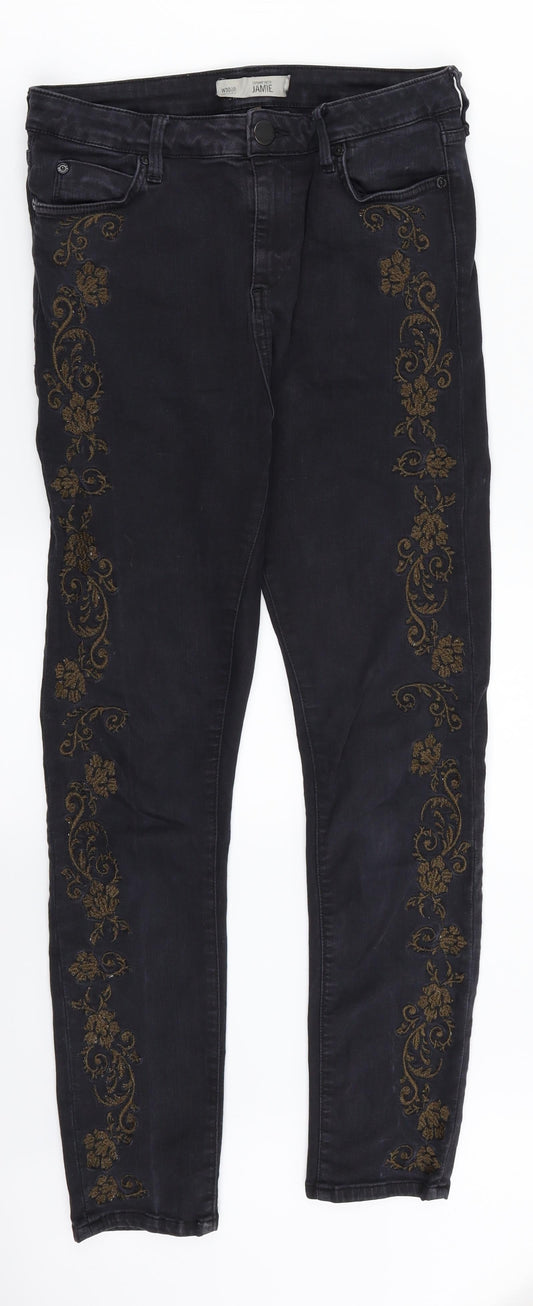 Topshop Womens Black Floral Denim Straight Jeans Size 30 in L32 in
