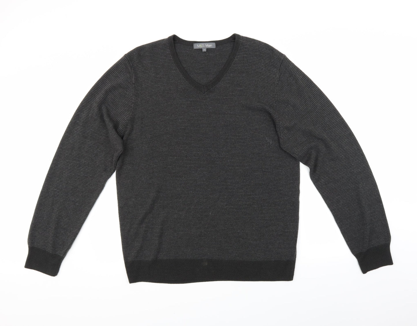 M&S Mens Grey Striped  Pullover Jumper Size L