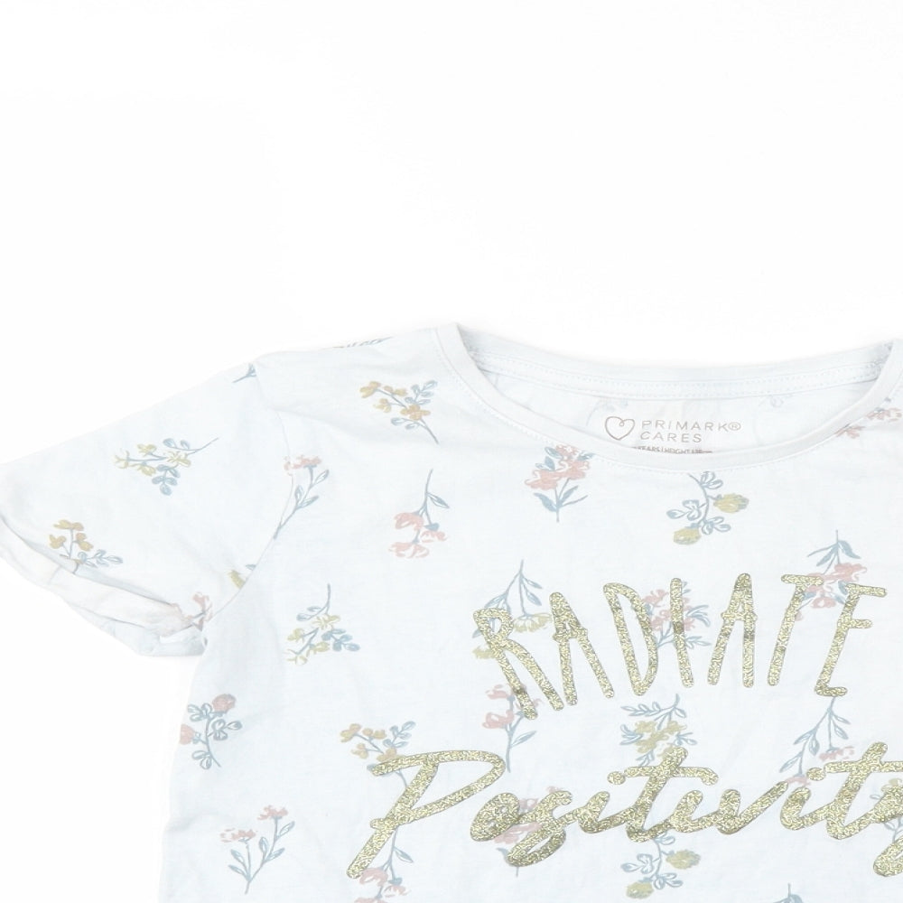 Primark Girls Blue Floral  Basic T-Shirt Size 7-8 Years  - slogan