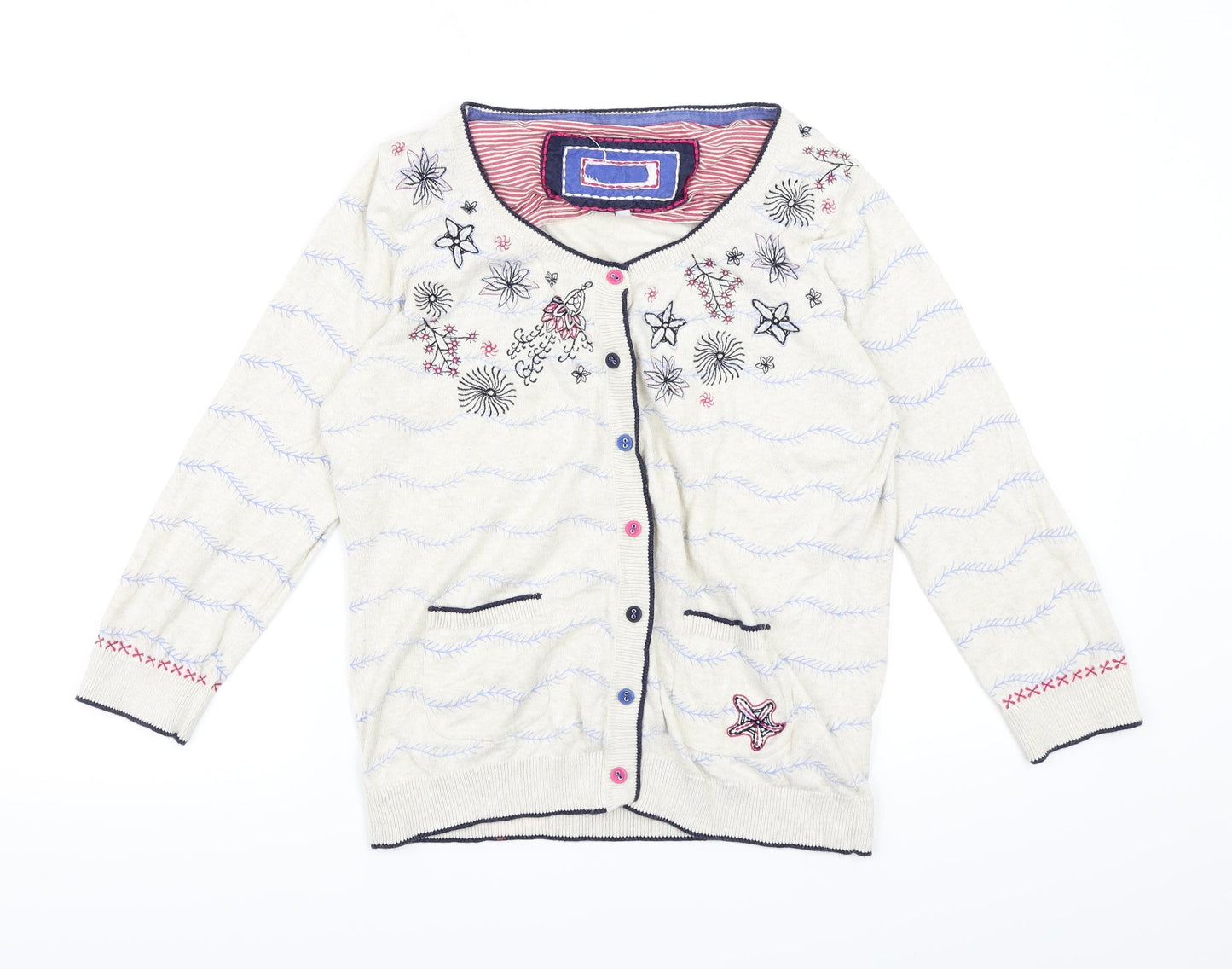 Preworn Womens Beige Floral Knit Cardigan Jumper Size 12
