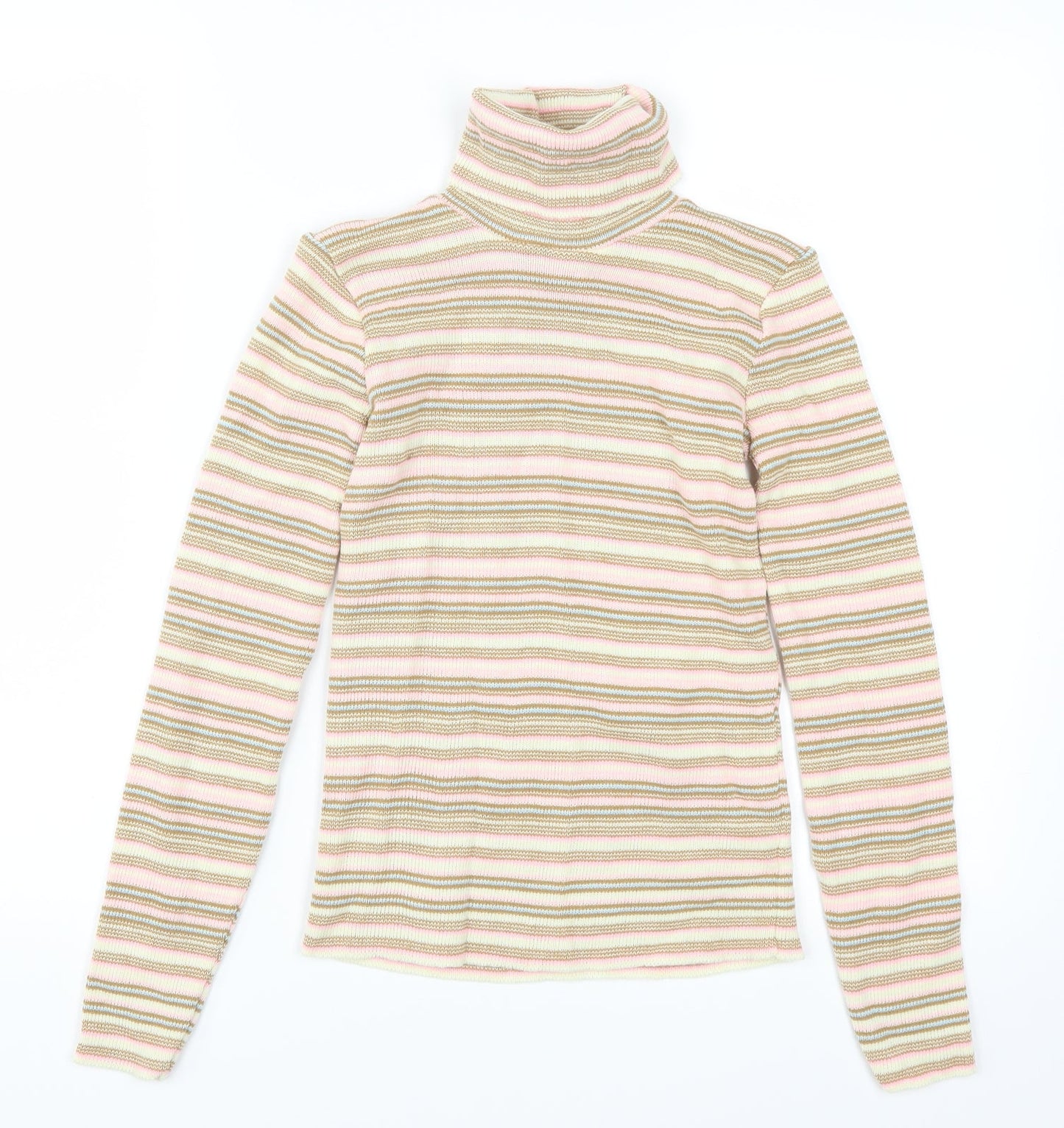 Preworn Girls Beige Striped  Pullover Jumper Size 10-11 Years  - Pink