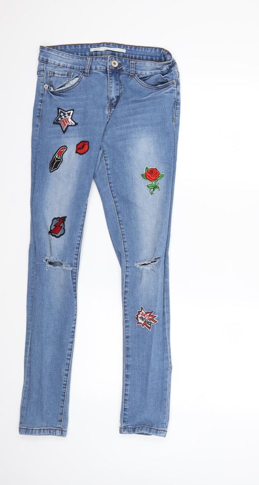 Brave Soul Womens Blue Floral Denim Skinny Jeans Size 12 L29 in