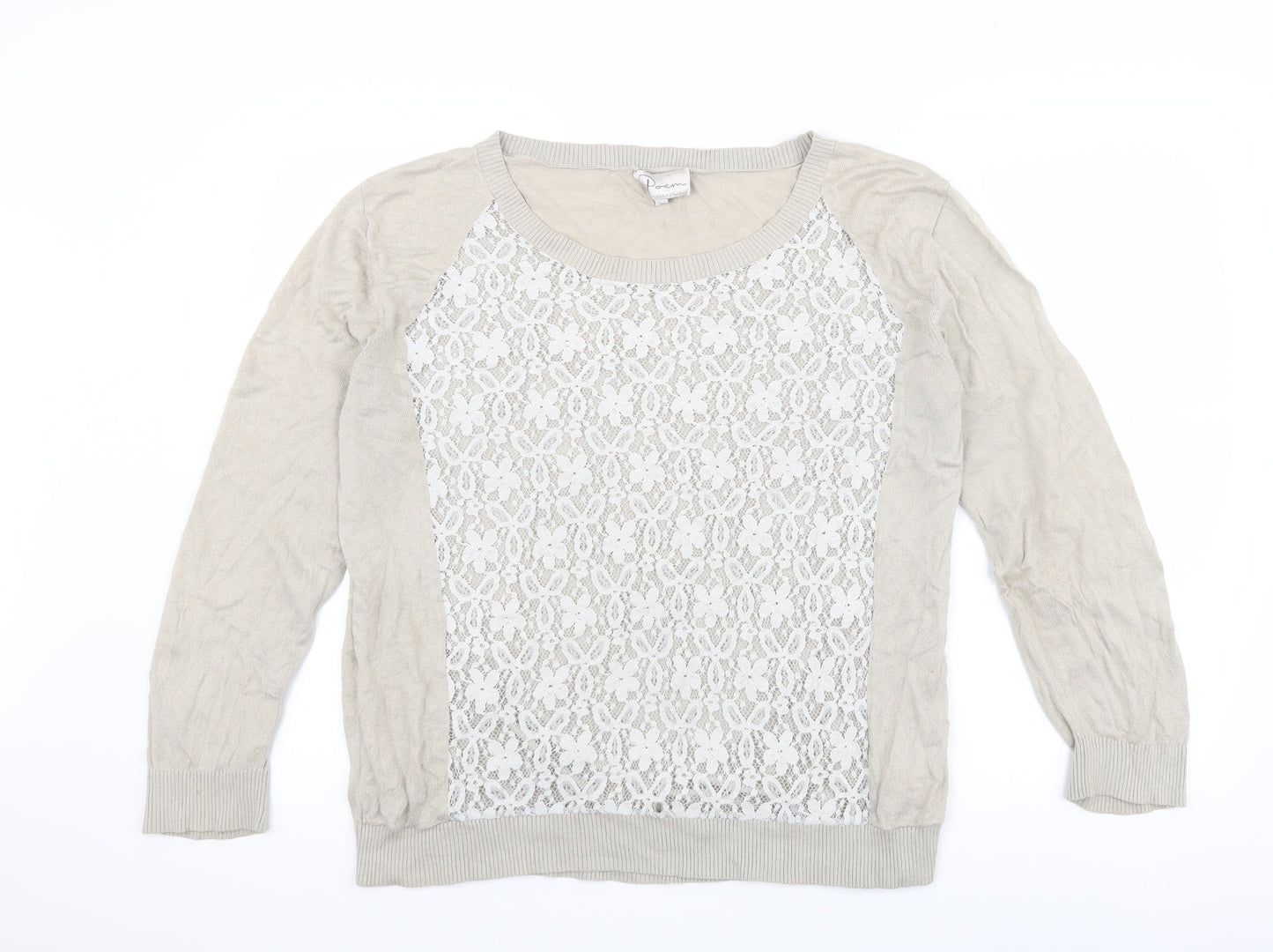 poem Womens Beige   Pullover Jumper Size L  - Lace Detail