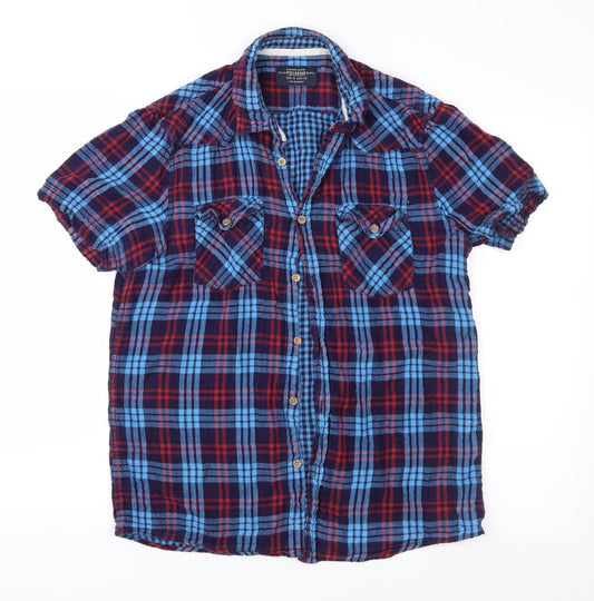 Pull&Bear Mens Blue Check   Button-Up Size M