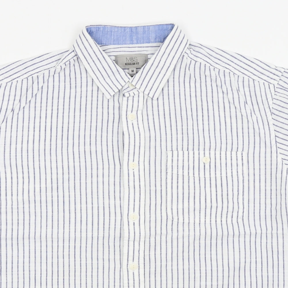 Mens UK Size M M&S White  Button-Up Short Sleeve Casual Shirt