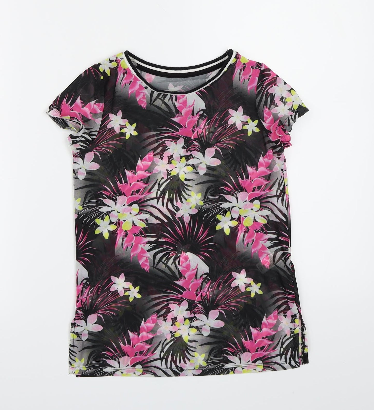 F&F Girls Black Floral Mesh Basic T-Shirt Size 7-8 Years