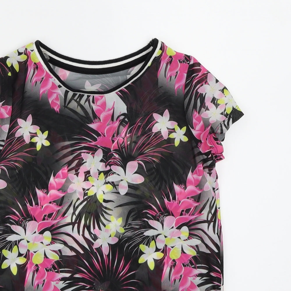 F&F Girls Black Floral Mesh Basic T-Shirt Size 7-8 Years