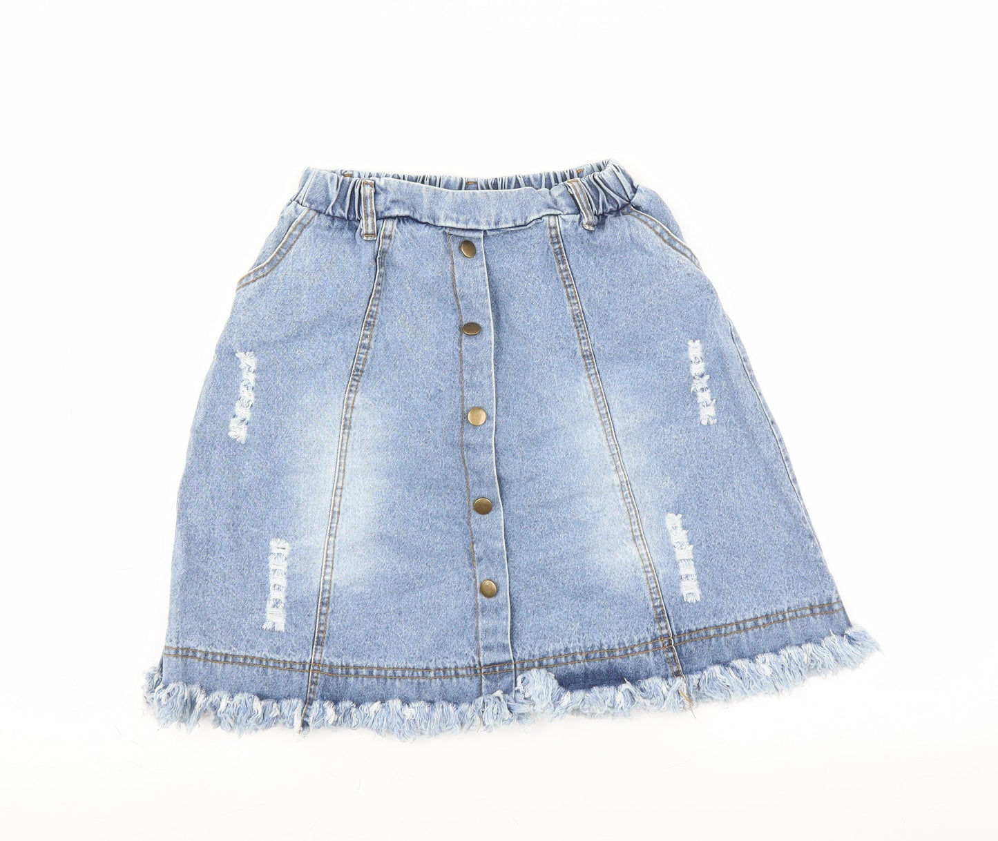 Preworn Girls Blue  Denim A-Line Skirt Size 13 Years - button front distressed